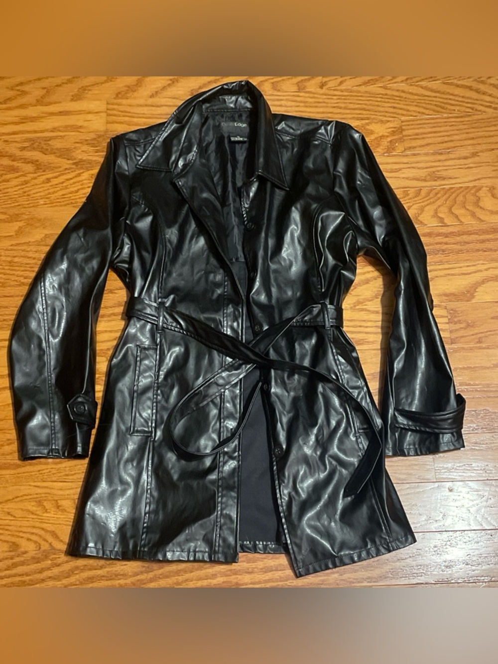 Outer Edge Black Faux Leather Belted Trench Coat - Women